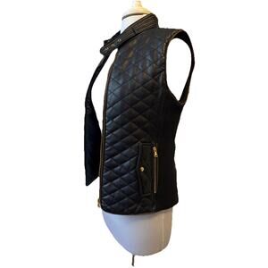 Fate Women's S Quilted Navy Blue‎ Faux Leather Sleeveless Moto Vest Stretch Chic